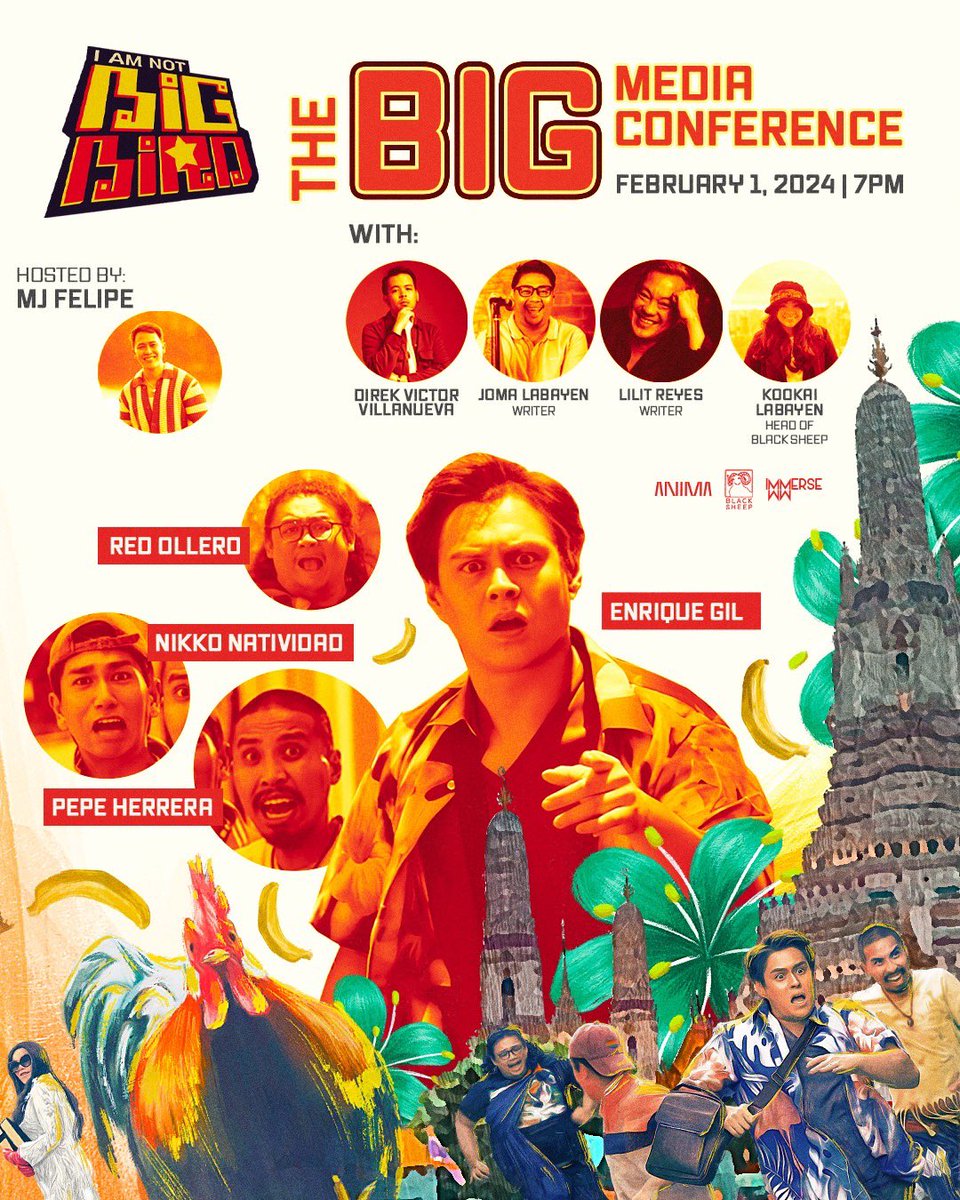 ABSCBNpr's tweet photo. Magpapauga ang buong BIRDkada! 💥🐔

Join Enrique Gil, Pepe Herrera, Nikko Natividad, Red Ollero and the creators of #IAmNotBigBird at the BIG Media Conference on February 1, 7PM LIVE on Black Sheep’s Facebook, X, and YouTube channel. https://t.co/VvSf5M2OtK