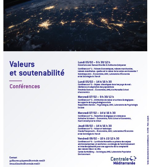 Quelles articulations entre la (ou les) valeur(s) économique(s) et les multiples formes de valuation, à commencer par celle de la vie ?

*Valeurs et soutenabilité* : un cycle de conférences qui prend l’anthropocène au sérieux. Du 5 au 9 février à #CentraleMéditerranée.