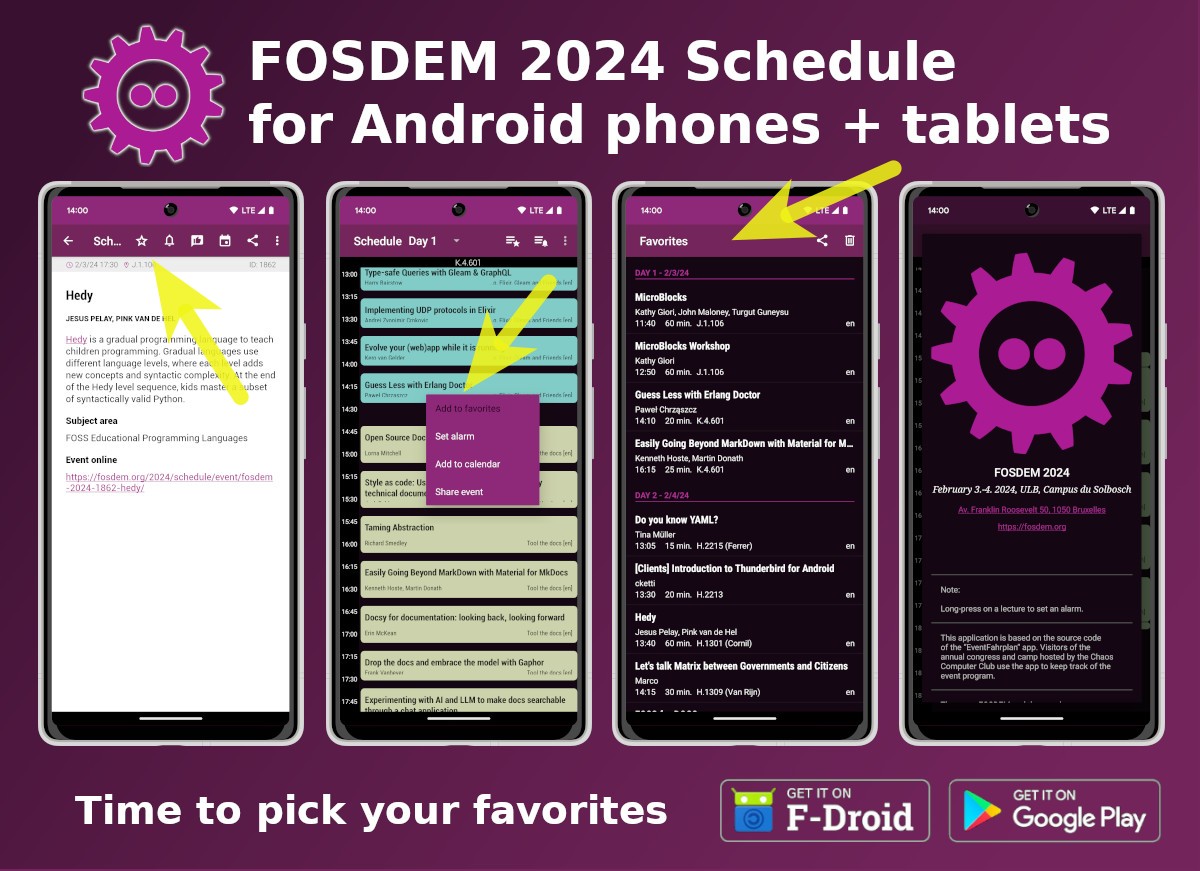Three days until @fosdem starts ⭐️ time to pick your favorites session. 🛒 play.google.com/store/apps/det… 🛒 f-droid.org/packages/info.… #FOSDEM2024 #FOSDEM24 #FOSDEM #fahrplan @fosdempgday @ruby_fosdem @fosdemkotlin @PHP_FOSDEM @FosdemResearch