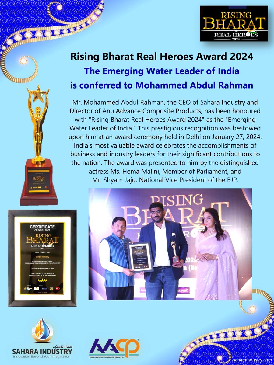 Mohammed Abdul Rahman, CEO, @SaharaIndustry  recvd Rising India Real Heroes Award 2024 as Emerging Water Leader of India by Ms. Hema Malini, MP & Mr. Shyam Jaju, VP, BJP
#awards #awardwinner #awardwinning #awards2024 #risingleaders #risingstar #risingindian #emergingleaders