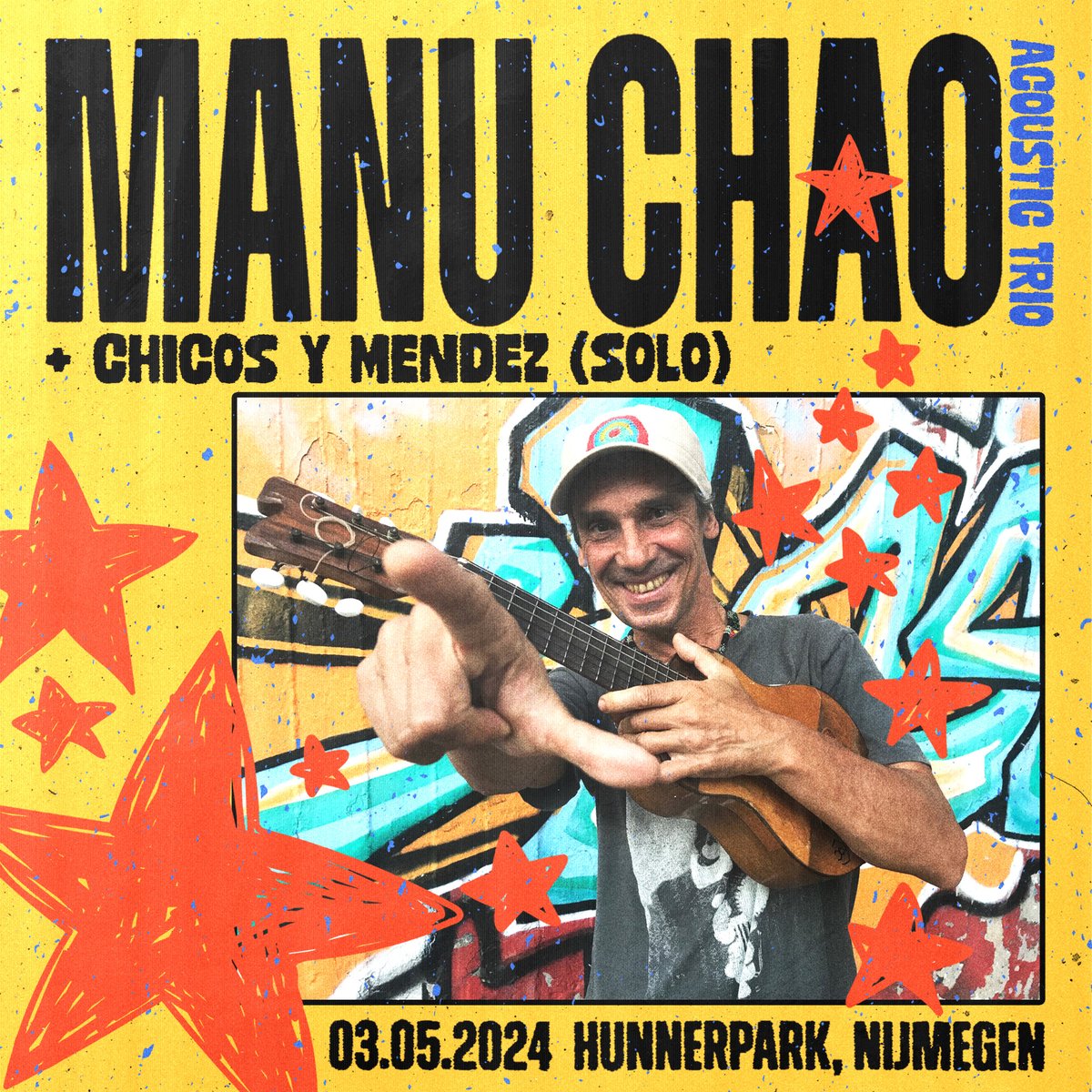 Net bevestigd: Manu Chao  komt op vrijdag 3 mei naar Nijmegen voor een bijzonder optreden in het Hunnerpark!  Tickets zijn nu te koop via: doornroosje.nl/event/manu-cha…