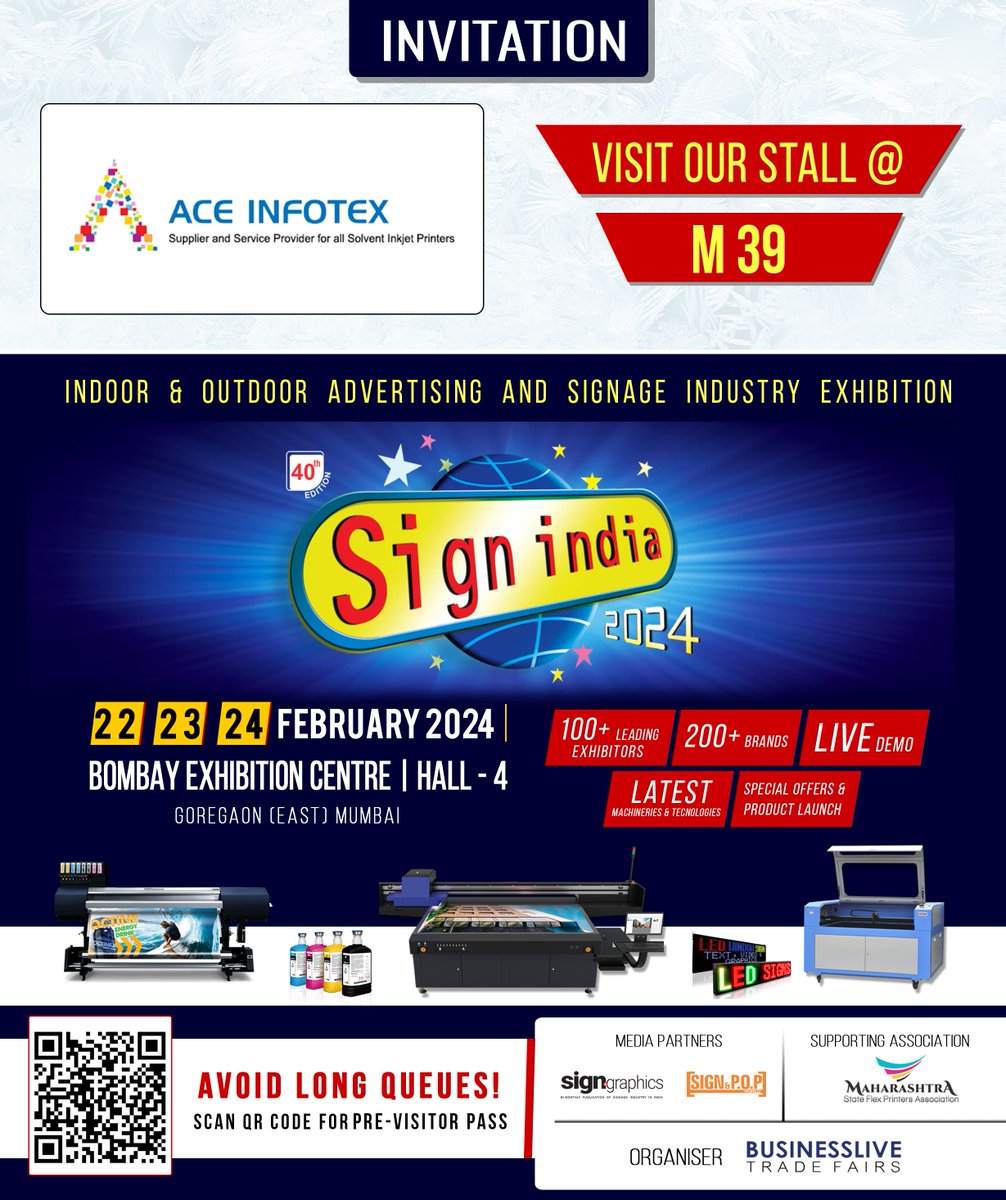 SignIndiaExpo's tweet image. Visitor Registration Opens : surl.li/pzins #DesignSignsMumbai#EcoSolventPrinter #cncrouter #cncroutercutting #uvflatbedprinter #sublimationprinting #solventprinte
#laserengraving #ledscreen #leddisplay #signs #signshop #printerink #Maharastra #Bombayexhibitioncentre
