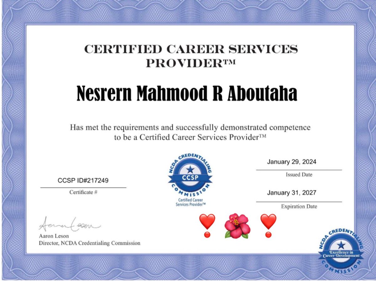moon_nsreen's tweet photo. تهنئة لنفسي NS
اللهم لك الحمد والشكر أكرمني  بالنجاح والتميز فأنا أثق بقدراتي وفخورة بها رغم التحديات وذلك بحصولي على الاعتماد من الجمعية الوطنية للتطوير المهني  NCDA كمقدم معتمد للخدمات المهنية ccsp الشهادة تقرر اثبات الكفاءة في جميع خدمات المستويات المهنية المقدمة ..
نسرينا 🌺 https://t.co/eT7oANS71u