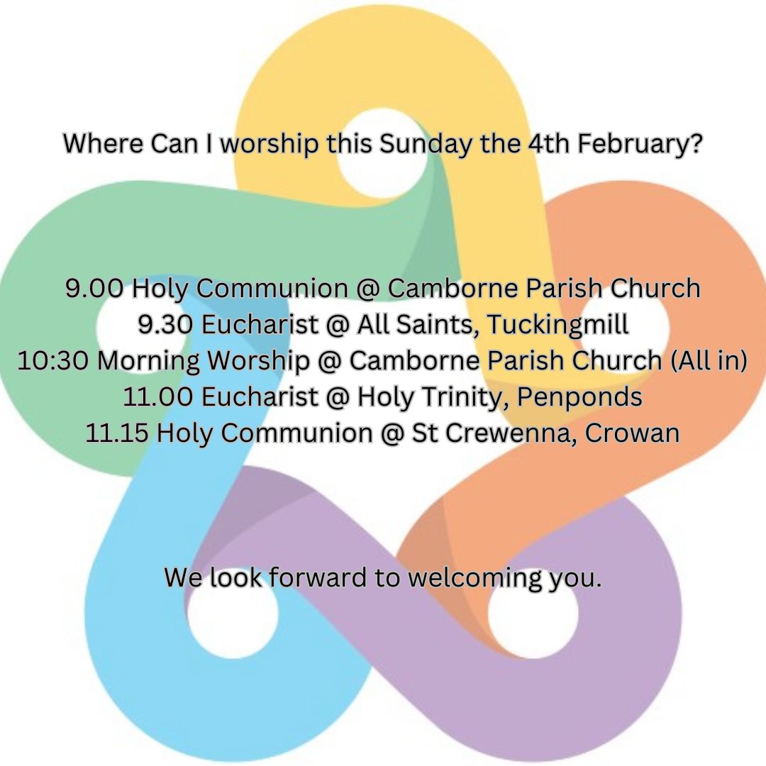 This week @CamborneCluster :
A #warmwelcome to friends new &amp; old.  Crowan are celebrating their feast day, there is a bring &amp; share lunch after (finger foods only please)
#sundayworship #feast #stcrewenna #holycommunion #eucharist #allinfamilyworship #morningworship