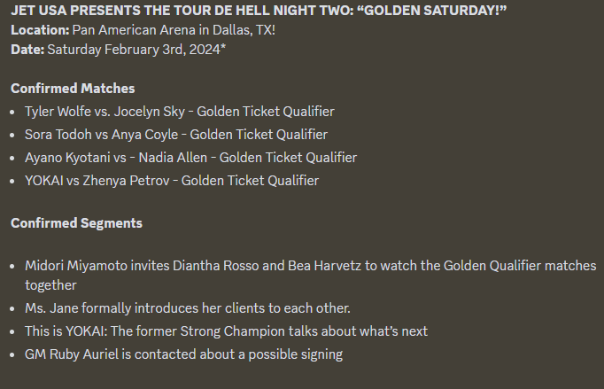 The road to #TicketToHell continues with FOUR huge qualifiers to see who joins <a href="/HDMidori/">Midori Miyamoto</a>,<a href="/DianthaRosso/">Diantha Rosso</a> and <a href="/TheBeaHavertz/">𝓑𝐞𝐚.</a> inside the Elimination chamber for the JET International Championship!