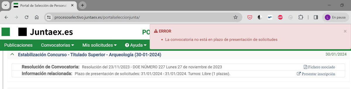 l_bermejo_alb's tweet image. Hoy la @Junta_Ex ‼️abre y cierra convocatoria (sic)‼️ para una plaza de estabilización de #arqueología en turno libre. He intentado inscribirme y lo que ha pasado a continuación no os sorprenderá ⬇️.