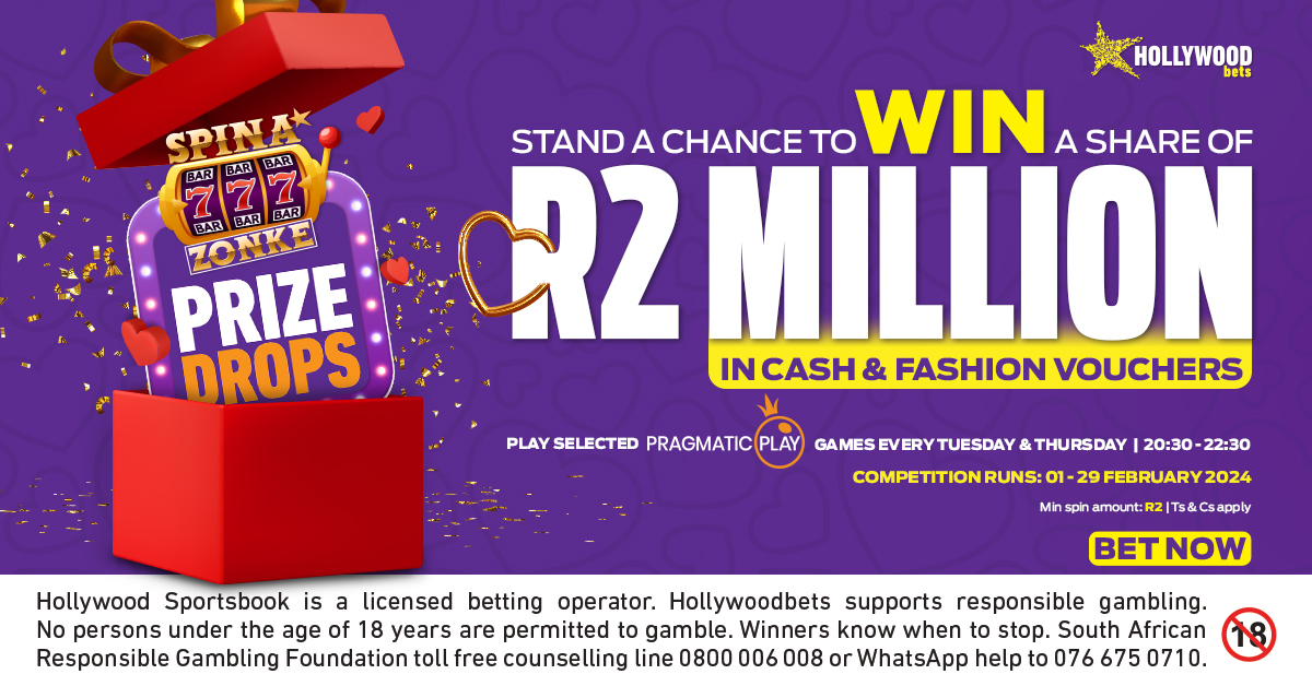 Hollywoodbets's tweet photo. Embark on a fashionable love affair this February!

Bet R2 or more on selected Pragmatic Play games every Tuesday and Thursday between 20:30 to 22:30 and you could WIN a share of R2 million in cash and fashion vouchers! 

Ts &amp; Cs apply.
#HWBTWT