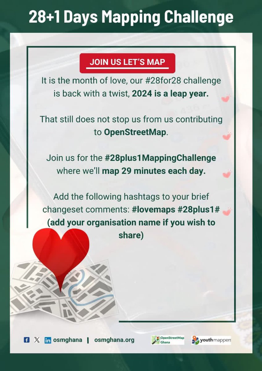 It's the month of love💕 again, and the campaign #28for28 is back but with a twist. It's a leap year, so it's #28plus1!

Join us to #MapWithLove 29 minutes a day for 29 days starting tomorrow, 1st February, 2024.
More details coming up soon 😃 

#28plus1 #29DaysMappingChallenge