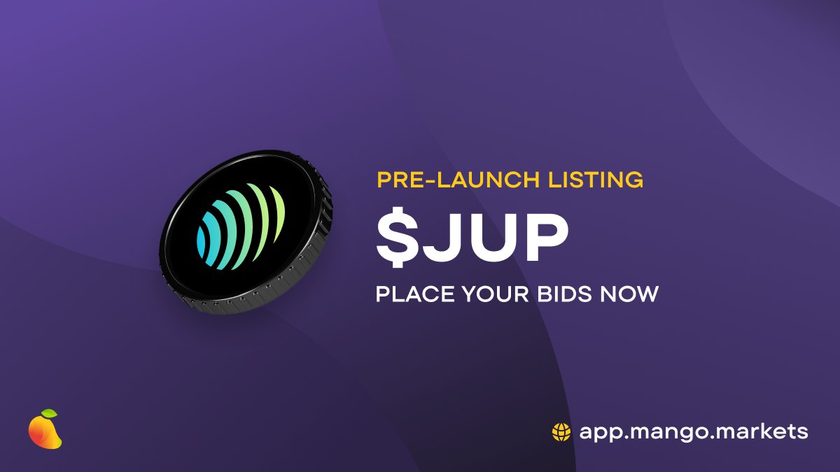 mangomarkets's tweet photo. Ready to trade $JUP before it hits the market?  

Join us for the pre-launch bidding on Mango Markets and secure your spot among the first market movers of the $JUP token launch. 

Be part of the $JUP journey from the start! https://t.co/mVevnAMJoq