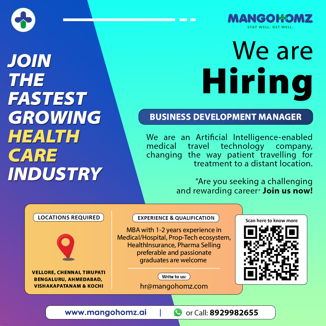 mangohomz's tweet image. We are hiring! Business development manager.

Please apply here: hr@mangohomz.com

Locations: Vellore, Chennai, Tirupati, Bengaluru, Ahmedabad, Vishakhapatnam &amp;amp; Kochi

mangohomz.ai

#HiringNow #jobs #JobVacancyAlert #vacancy #mumbai #jobseekers