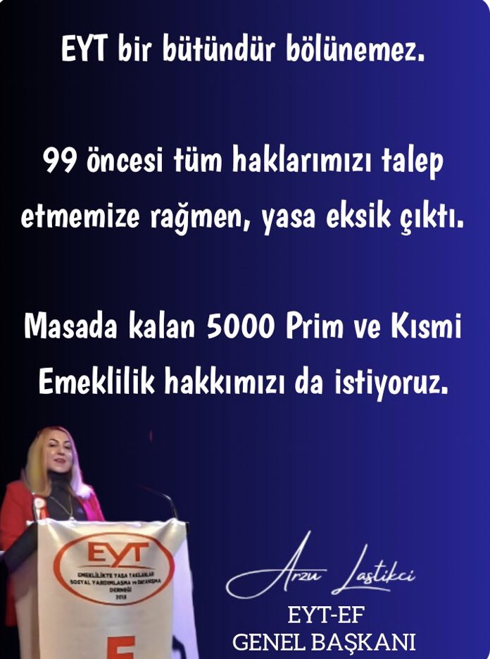 EYT bir bütündür bölünemez.

99 öncesi tüm haklarımızı talep etmemize rağmen, yasa eksik çıktı.

Masada kalan 5000 Prim ve Kısmi Emeklilik hakkımızı da istiyoruz
#5BinKısmiyiMasadaBırakma
#KökMaaşlara12BinLiraZam

<a href="/RTErdogan/">Recep Tayyip Erdoğan</a>  <a href="/_cevdetyilmaz/">Cevdet Yılmaz</a> 
<a href="/isikhanvedat/">Prof. Dr. Vedat Işıkhan</a>  <a href="/avabdullahguler/">Abdullah Güler</a>