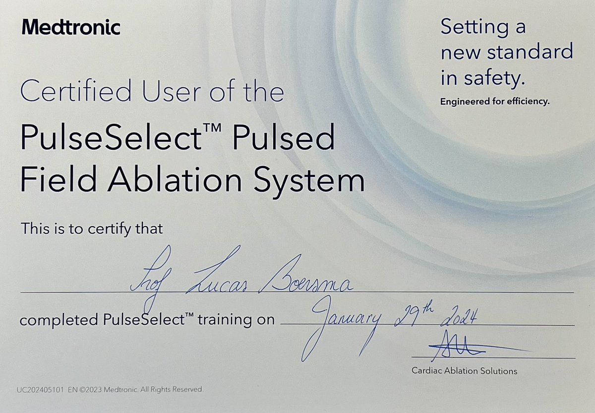 More PulseSelect cases today 40 min skin-to-skin. Verified PVI. No muscle contraction. Only rare faint Phrenic capture at the RSPV. This is PVAC reinvented with bipolar PFA, happy to be the first certified user worldwide🥳 Huge thanks to Medtronic and my St.Antonius technicians