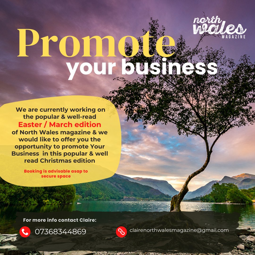 Time to get your advert in or designed for FREE by us! Quarter page, Half page, full or DPS!! #northwales #northwalesmagazine #supportlocal #supportlocalbusiness northwalesmagazine.com/advertise or contact: clairenorthwalesmagazine@gmail.com