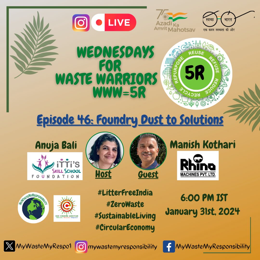MyWasteMyResponsibility (@mywastemyrespo1) on Twitter photo Join us today at 6pm IST, conversation abt innovation, technology, waste management, environment, employment, sustainable solution, and best from waste. Insights from our special guest #ManishKothari
instagram.com/mywastemyrespo… <a href="/SwachhMaha_22/">Swachh Maharashtra Mission (U) 2.0</a> <a href="/swachhbharat/">Swachh Bharat Mission - Grameen</a> <a href="/MoHUA_India/">Ministry of Housing and Urban Affairs</a> <a href="/anujabali/">anuja bali</a> Join us today at 6pm IST, conversation abt innovation, technology, waste management, environment, employment, sustainable solution, and best from waste. Insights from our special guest #ManishKothari
instagram.com/mywastemyrespo… <a href="/SwachhMaha_22/">Swachh Maharashtra Mission (U) 2.0</a> <a href="/swachhbharat/">Swachh Bharat Mission - Grameen</a> <a href="/MoHUA_India/">Ministry of Housing and Urban Affairs</a> <a href="/anujabali/">anuja bali</a>