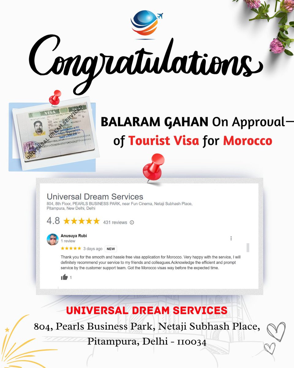 tour_universal's tweet photo. Congratulations MR. BALARAM GAHAN for getting a Tourist Visa for Morocco 💐🎉 Happy journey👍thank you so much for trusting us Team @Universaldreamservices #visasuccess #Morocco #expertgudiance #visa #Moroccovisa #Moroccovisaapproved #Moroccovisatravel #visasuccessstory #visas https://t.co/plsNmPS1s9