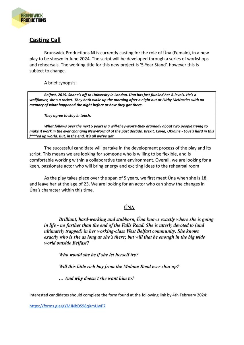 CASTING - PAID 

Working Class Actress (female identifying - 18-25 playing age for new play this summer. Belfast based. Devising experience essential. 

💚🔥
#brunswickproductions

forms.gle/gYMJNbDS98qXmU…