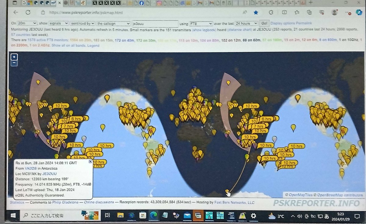 JE3OUUnew's tweet photo. #超難関 #エンティティー #DXCC の夢✨

あの #3Y0J そして #TX5S 共に
#QSO には至らずでしたが😅

呼べるだけも感謝の～ #FT8 の世界🙏
#世界地図 で見れると尚楽しくて🗺

何と～‼️ #南極 #VK0DS へも届いてた⁉️
いつか #8J1RL #昭和基地 へもと～❄️

#PSKREPORTER
#GridTracker

#アマチュア無線 https://t.co/AyO0iWacgP