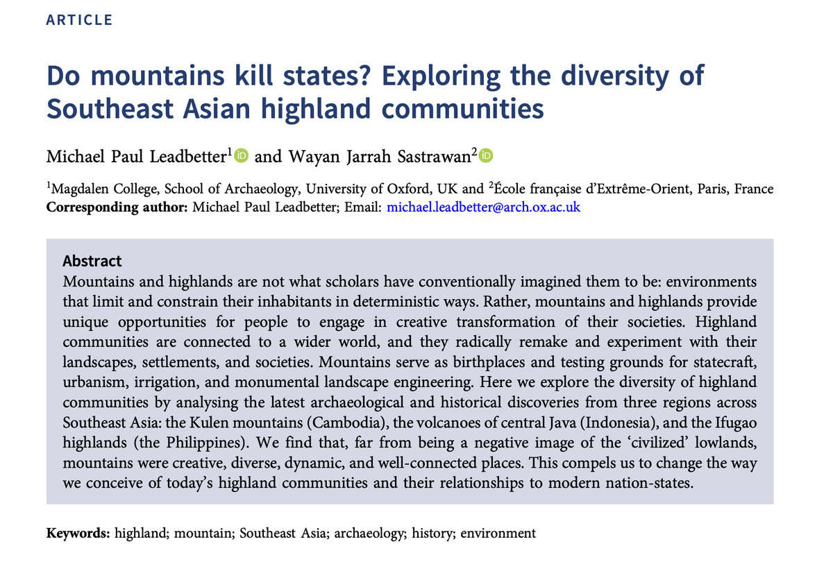 Michael Paul Ledbetter (<a href="/M1ke_Pb/">Michael Leadbetter</a>) and Wayan Jarrah Sastrawan (<a href="/infiniteteeth/">Dr Jarrah Sastrawan</a>) encourage us to rethink the role of mountains and highlands, seeing them not as limiting, but as a way for people to "engage in creative transformation of their societies."
doi.org/10.1017/S17400…