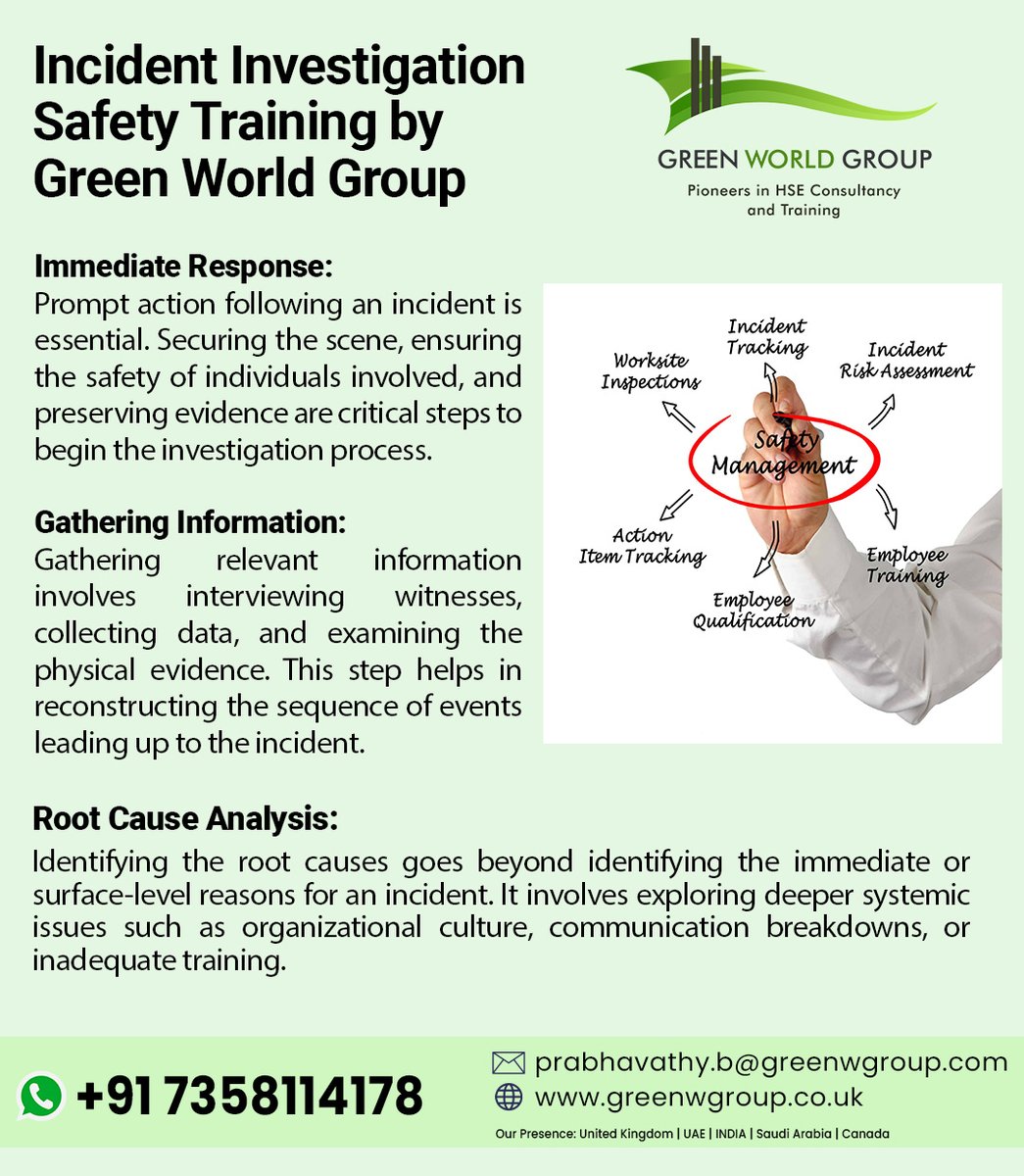 CAll Us : +917358114178
Email   : Prabavathy.b@Greenwgroup.com

#IncidentInvestigationTraining #GreenWorldGroup #SafetyFirst #RootCauseAnalysis #WorkplaceSafety #SafetyTraining