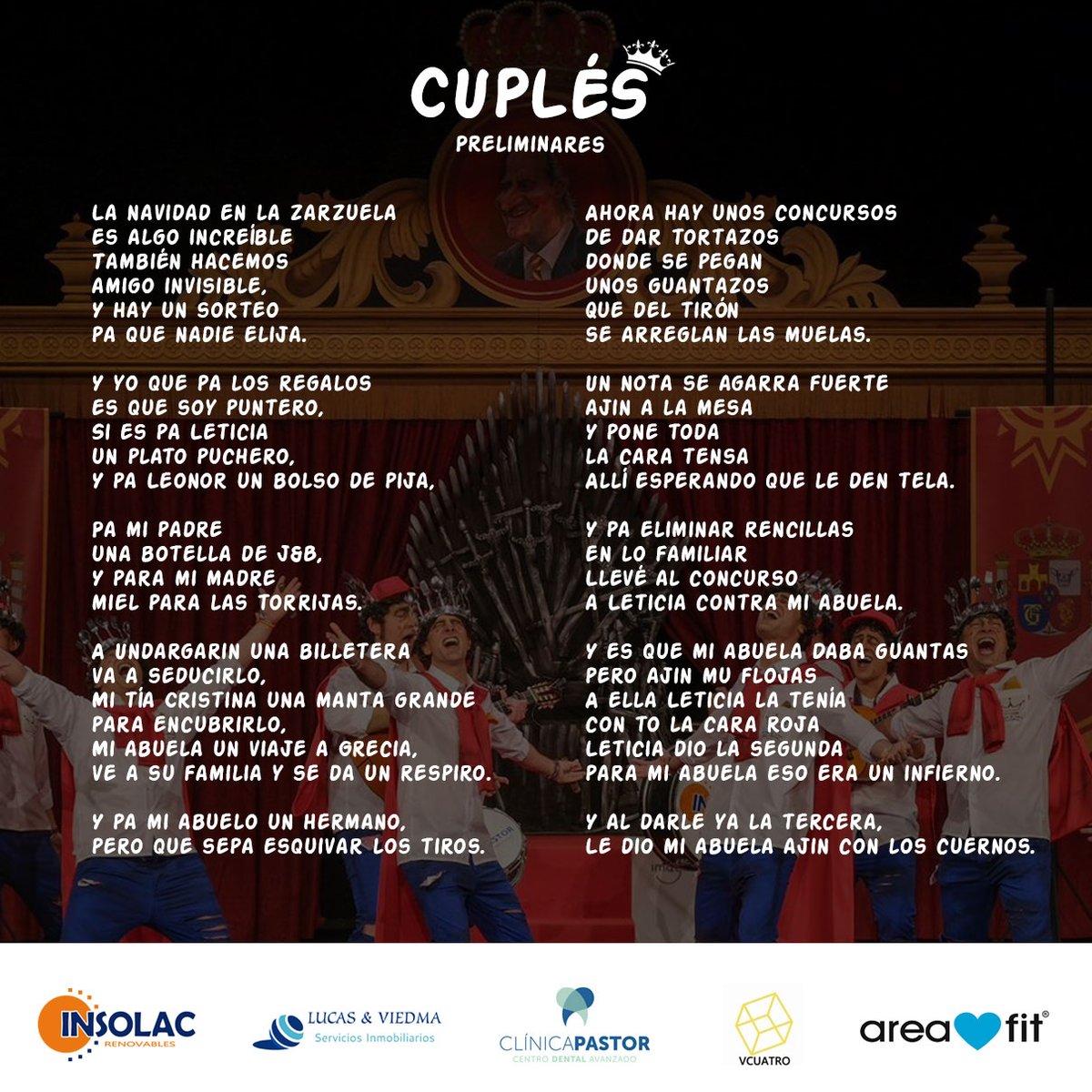 chirigotapkl's tweet photo. Como muchos/as nos lo habéis pedido, ahí van las letras de nuestros cuplés de #Preliminares y #CuartosDeFinal 👑🚬

#COAC2024 #CiegoDeTronos #COAC2024C6 https://t.co/E0jdg3oX4Y