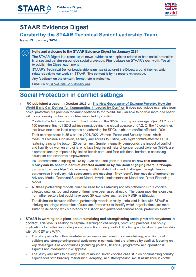 STAAR_Facility's tweet photo. (1/2) ⭐ STAAR Evidence Digest Issue 13 is out now and available to read on @SP_Gateway. This month's emerging themes include #socialprotection in #conflictsettings, #digital, #fragilesettings, #GESI and #shockresponse. https://t.co/nuNws1gTwI