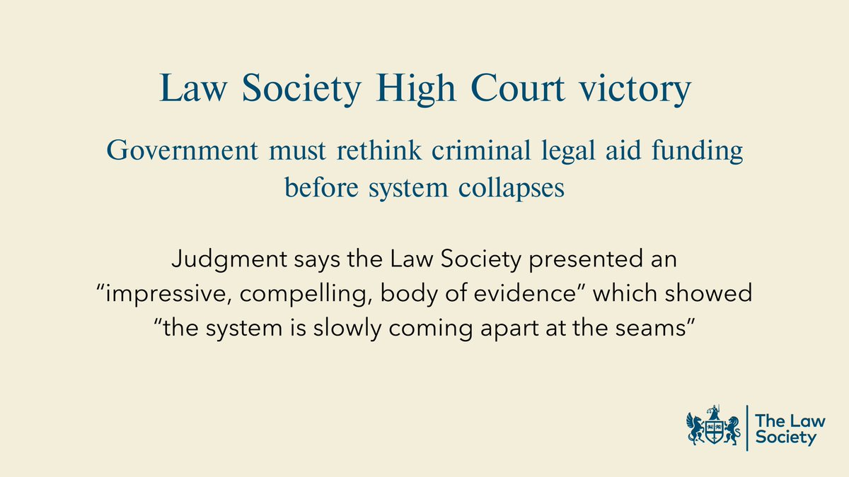 TheLawSociety's tweet photo. 🚨‼️ NEWS: High Court rules in the Law Society’s favour following our judicial review against the government.
The judgment confirmed the government’s decision-making on criminal legal aid funding was irrational.
We now urge the current Lord Chancellor, @AlexChalkChelt to safeguard the future of criminal legal aid and meet the key recommendation of the Bellamy report, a 15% legal aid rates rise.
The government must also commit to ensuring that criminal legal aid rates become and remain economically viable in the long term.
Our president Nick Emmerson said: “We are delighted the High Court has recognised that then-Lord Chancellor, Dominic Raab’s decision was irrational.
“It must be remembered that Lord Bellamy made that recommendation more than two years ago and said it was the bare minimum needed.
"Reversing Raab’s irrational decision would demonstrate the government is serious about ensuring that we have a criminal justice system worthy of the name.
“We are keen to work with the Lord Chancellor to help take the necessary steps to safeguard the future of this crucial profession.”