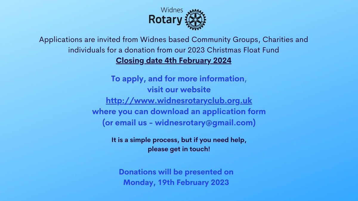 Reminder for anyone wishing to apply, closing date this Sunday, 4th February, visit our website for details widnesrotaryclub.org.uk