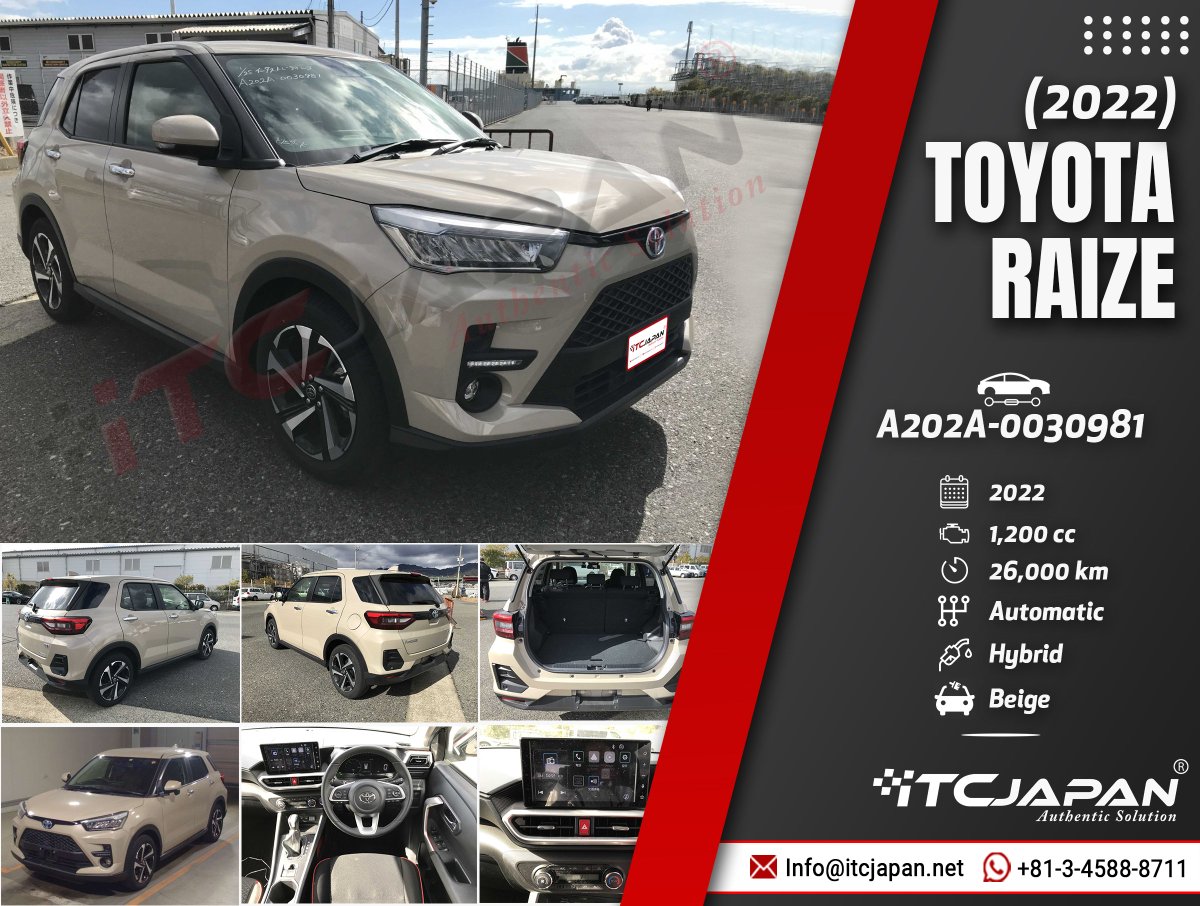 tradingindus's tweet photo. Experience the future of driving with the Toyota Raiza 2022 – where innovation meets style for an exhilarating ride! 📷📷

TOYOTA RAIZA (2022)

Chassis no A202A-0030981
Color Beige
Transmission Automatic
Engine 1200 cc
Mileage 26000 km

#itcjapan #japan #industradingcompany #ITC https://t.co/1ETIKREsbz