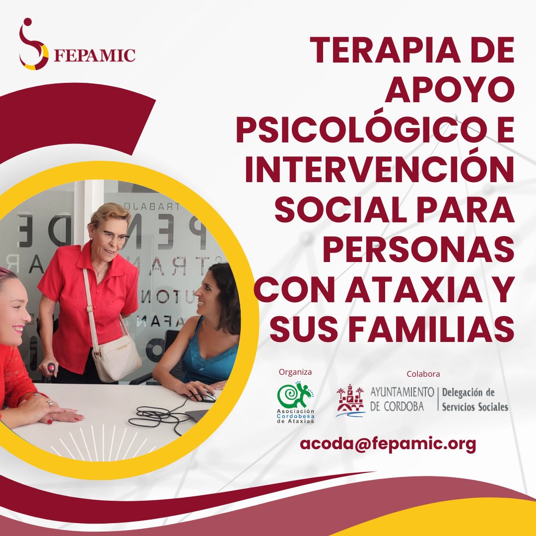 Terapia de apoyo psicológica e intervención social con personas con Ataxias y sus familias organizado por la Asociación Cordobesa de Ataxias.
+Info en facebook.com/photo/?fbid=78…
 #Inclusion #Solidaridad #Valores #oportunidad #ApoyoADiscapacidad #Córdoba #Apoyo #Terapia #Ataxia