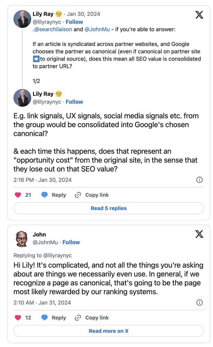 Google may consolidate the ranking signals from a syndication partner's URL even if that is not the original source (but Google decides it is the canonical) seroundtable.com/google-content… via <a href="/lilyraynyc/">Lily Ray 😏</a> <a href="/JohnMu/">John 🧀 ... 🧀</a>
