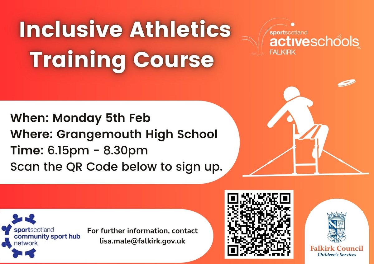📢Inclusive Athletics Training Course

Come along and learn how to adapt activity in athletics for people with disabilities 🏃‍♀️

📅5th February 2024
⏲️6.15pm - 8.30pm
🏦Grangemouth HS
💻To book, scan the QR code below⬇️