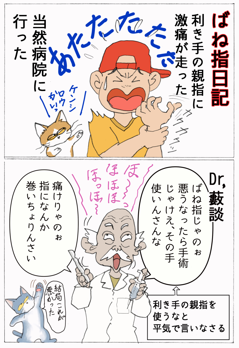 bantamu13's tweet photo. ＃漫画　＃猫漫画　＃ばね指　＃ばね指治療
何故利き手が使えないくらい、ばね指を悪化させてしまったのかを、利き手じゃない右手で描いていきます
もし、ばね指の方がご覧になったら、決してきつい
サポーターは使わないでください。炎症をおこしたまま、固まってしまいます。 https://t.co/7IgV2qQo4m
