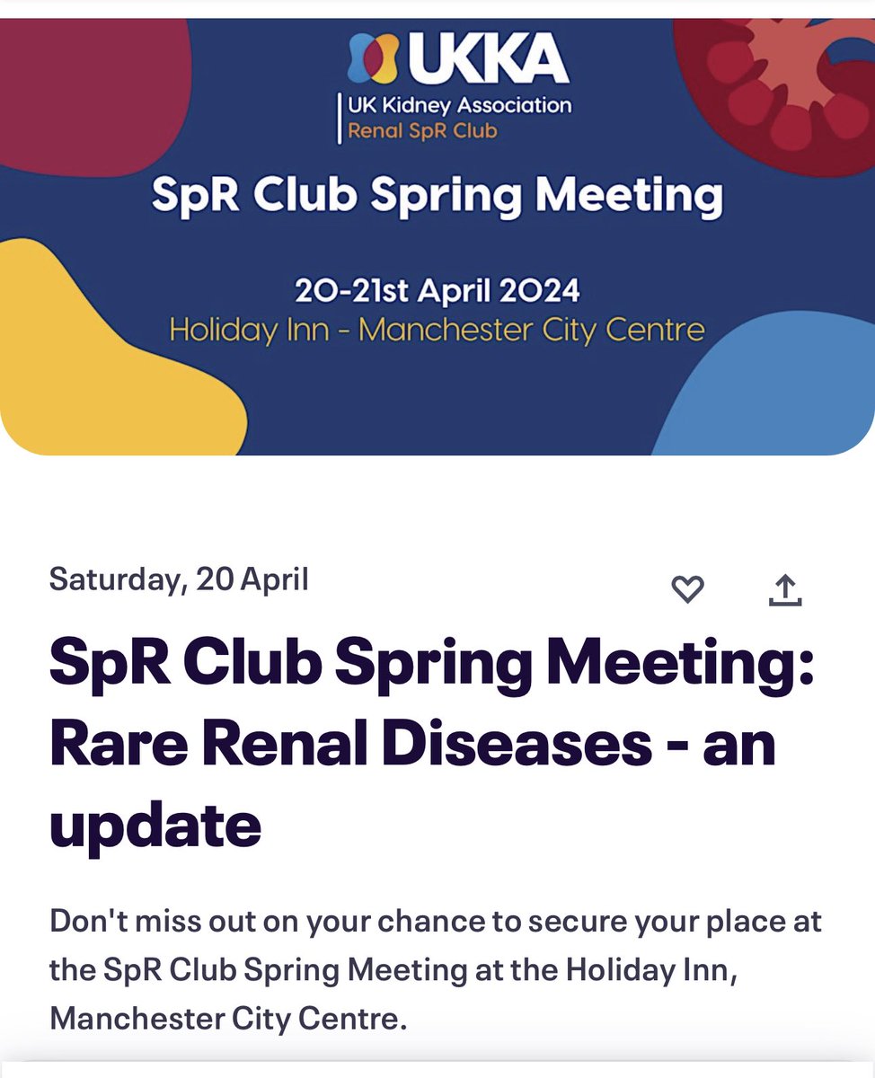 📣 📣📣Registration now open for UKKA SpR Club Spring Meeting 2024 📣📣 📣a great weekend of networking, fun and inspirational talks in #manchester #rarerenal. Not to be missed!! Book now eventbrite.co.uk/e/spr-club-spr… @UKKidney @RLWczyk @Edwinwong00 @tinachrysochou