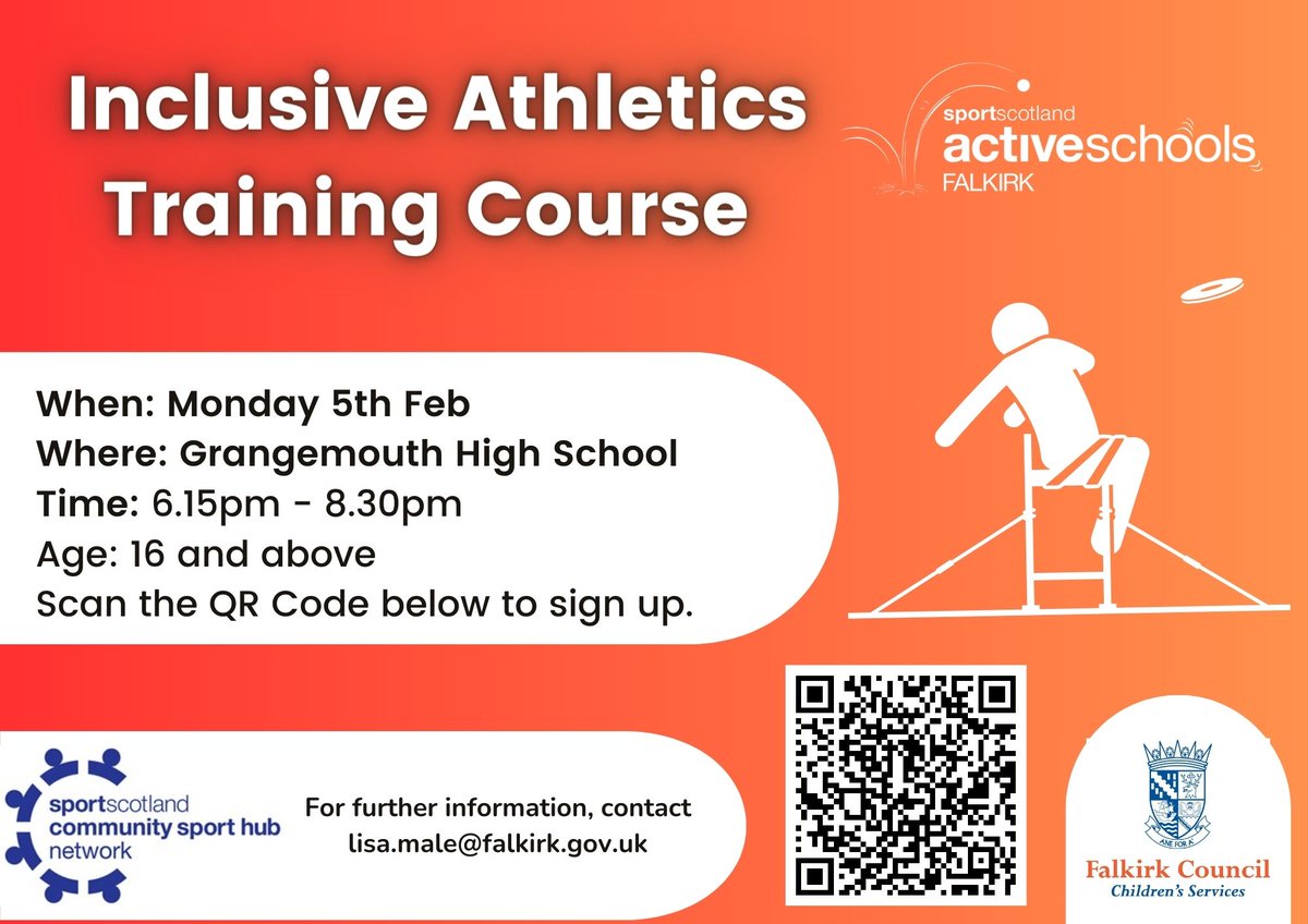 CPD Opportunities. 

We still have spaces available for the courses below. 

Basketball Skills
Inclusive Athletics
Athletics

Please see the poster for specific details. 

Get yourself signed up!

Either scan the QR Code or click on the link below 👇

eventbrite.co.uk/e/falkirk-coun…