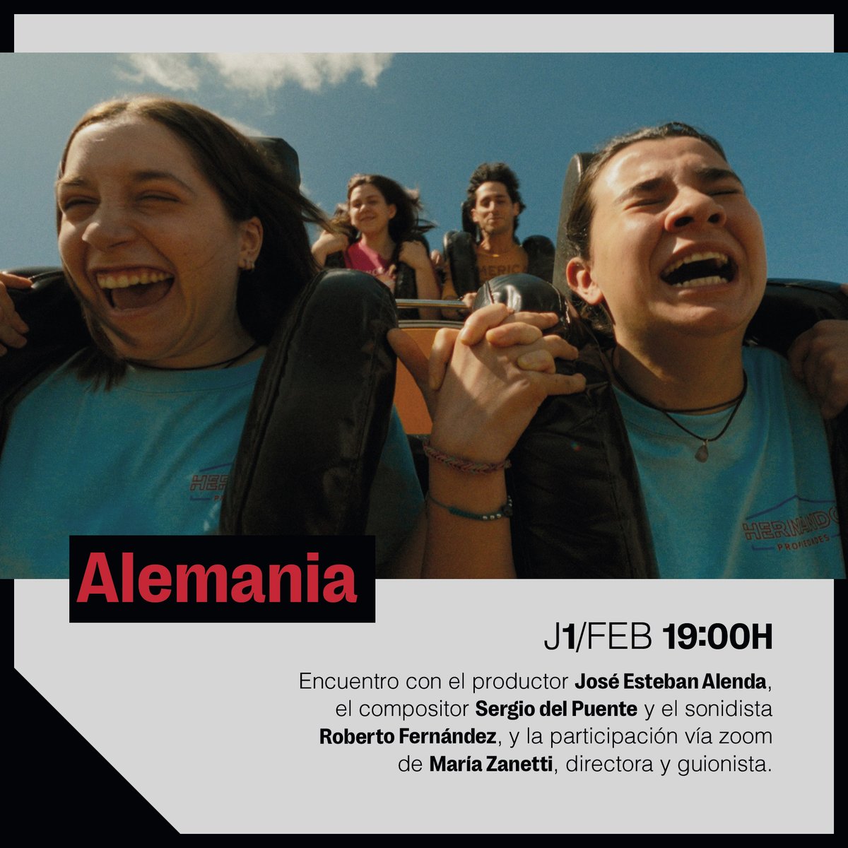 #Preestrenos #SociosAMA
Preestreno de #Alemania, de María Zanetti y producida por <a href="/SolitaFilms/">Solita Films</a>. Con un encuentro con la directora, el productor José Esteban Alenda <a href="/LosAlendas/">Los Alenda</a>, Sergio Puente y Roberto Fernández. 
📆01/02
⏰19:00
📍<a href="/Academiadecine/">Academia de Cine</a> 
🎟️lc.cx/a84o8z