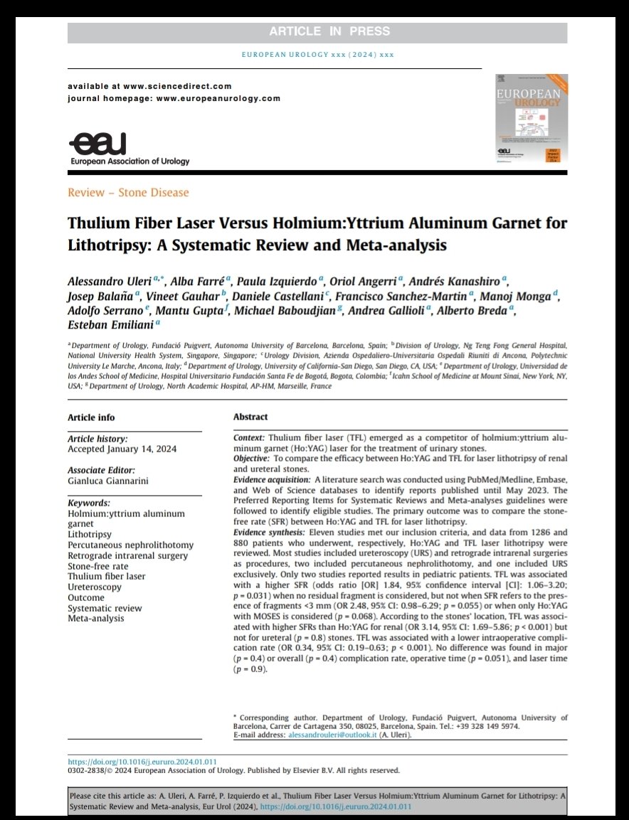 Check our meta-analysis on #TFL vs #HoYag for #lithotripsy published in @EUplatinum authors.elsevier.com/a/1iW0i14kplys… ▫️Better SFR with TFL but not significant when considering high power Ho @emiliani_e