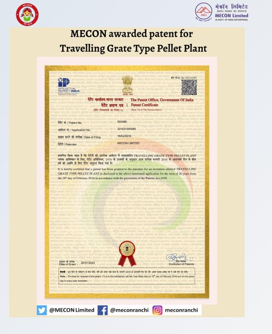 SteelMinIndia's tweet image. #MECON announced the Patent for the "Travelling Grate Type Pellet Plant" (1.2 Mtpy Capacity) from the Patent Office, GOI. Unlocking access to Indigenous and Robust Designs showcases #MECON's rich experience in designing and executing pellet plants. 🌐🔬

#InnovationAward