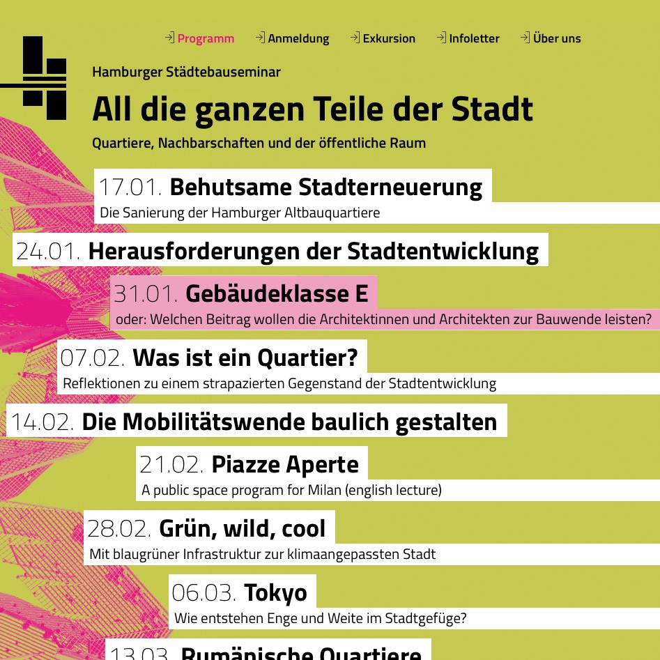 ACHTUNG: ABSAGE bzw. VERSCHIEBUNG: Der Termin am 31.01. ab 18:30 Uhr mit Andrea Gebhard zur „Gebäudeklasse E“ im Städtebauseminar fällt leider aus. Wir informieren Sie über den Nachholtermin.