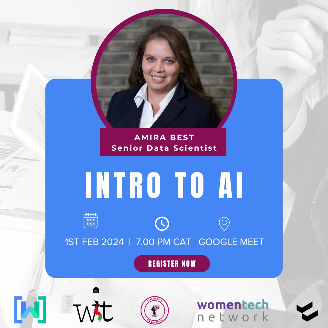 SCALilongwe's tweet image. Join us in this live introductory session to AI with Amira Best. She is a Senior Data Scientist from Virginia USA with 15 years of experience in Data Science. She&apos;s a pioneer in machine learning and computational biomedical research.

#womenintech #womeninAI #techmakers