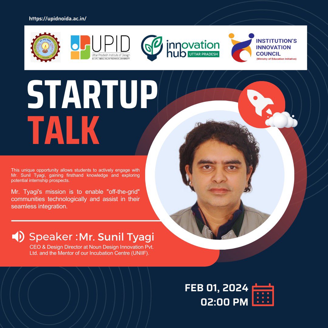 Exciting News! Join us this Thursday at 2 PM 2024 for our Startup Talk featuring Mr. Sunil Tyagi, CEO of Noun Design Innovation Pvt. Ltd. Gain valuable insights into tech-driven community integration. #Startup #Entrepreneurship
