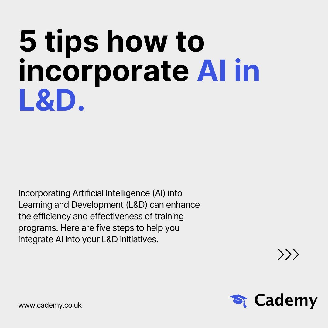 💡 Pro Tip: 5 tips how to incorporate AI in L&D!
#EducationTips #TeachingTips #TrainingTips #BookingPlatform #CRM #LMS #EducationDirectory #Cademy