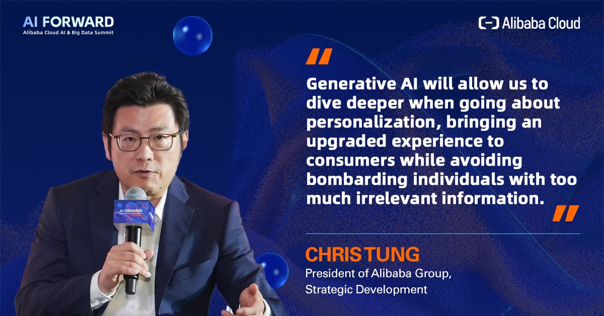 alibaba_cloud's tweet photo. Chris Tung from Alibaba Group discussed the game-changing potential of #GenAI alongside retail leaders at #AlibabaCloud #AIandBigDataSummit2024. He spotlighted how #GenAI transforms the #Retail landscape & fuels the evolution of #NewRetail. Stay tuned for more insights from #AIForward!