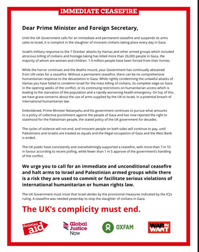FisherAndrew79's tweet photo. Strong statement from Christian Aid, Global Justice Now, Oxfam and War on Want 🇵🇸

"Until the UK Government calls for an immediate and permanent ceasefire and suspends its arms sales to Israel, it is complicit in the slaughter of innocent civilians taking place every day in Gaza" https://t.co/xzf3LQbTXb