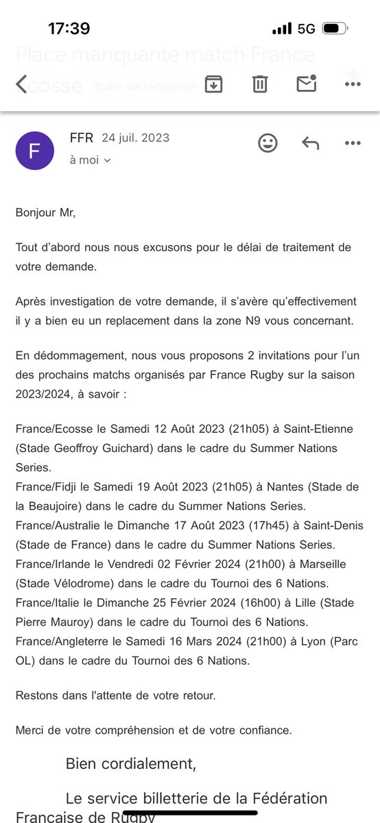 LaszloDenes5's tweet photo. Salut @FranceRugby après avoir eu un problème de place au tournoi 2023 vous m’avez promis 2 places pour France Irlande depuis le 24 juillet 2023. À 2 jours du match et 6 mois après, toujours aucune places malgres les relances de ma part. 
#francerugby #XVdeFrance #NeFaisonsXV https://t.co/K6fvn20wc2