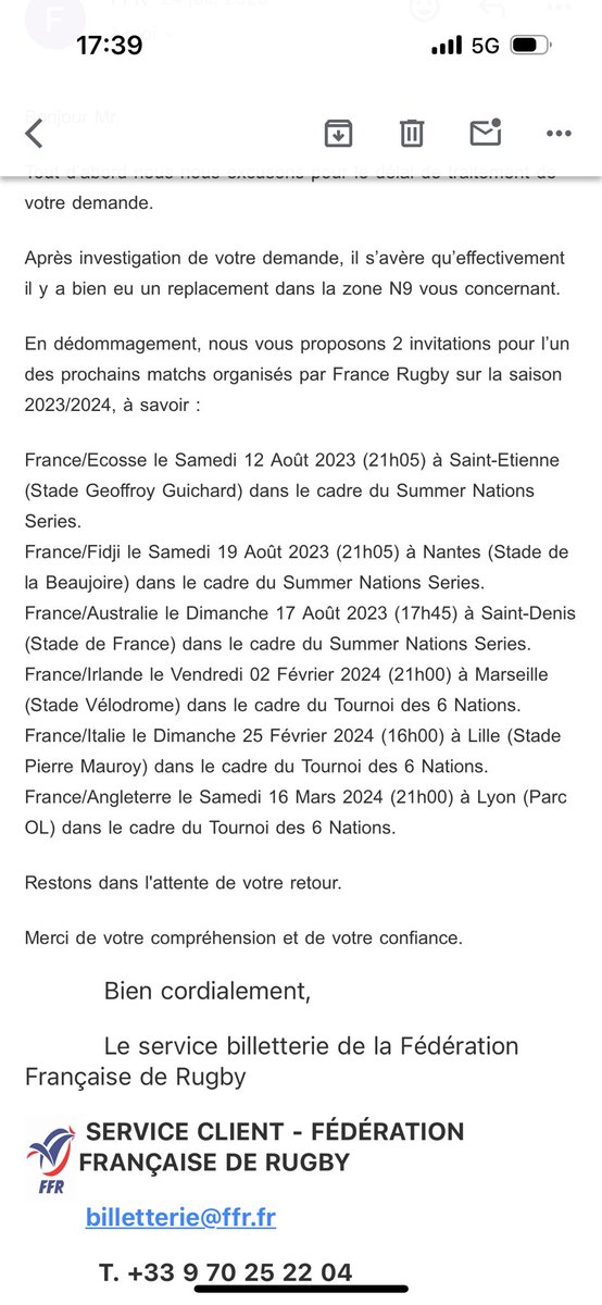 LaszloDenes5's tweet photo. Salut @FranceRugby après avoir eu un problème de place au tournoi 2023 vous m’avez promis 2 places pour France Irlande depuis le 24 juillet 2023. À 2 jours du match et 6 mois après, toujours aucune places malgres les relances de ma part. 
#francerugby #XVdeFrance #NeFaisonsXV https://t.co/K6fvn20wc2