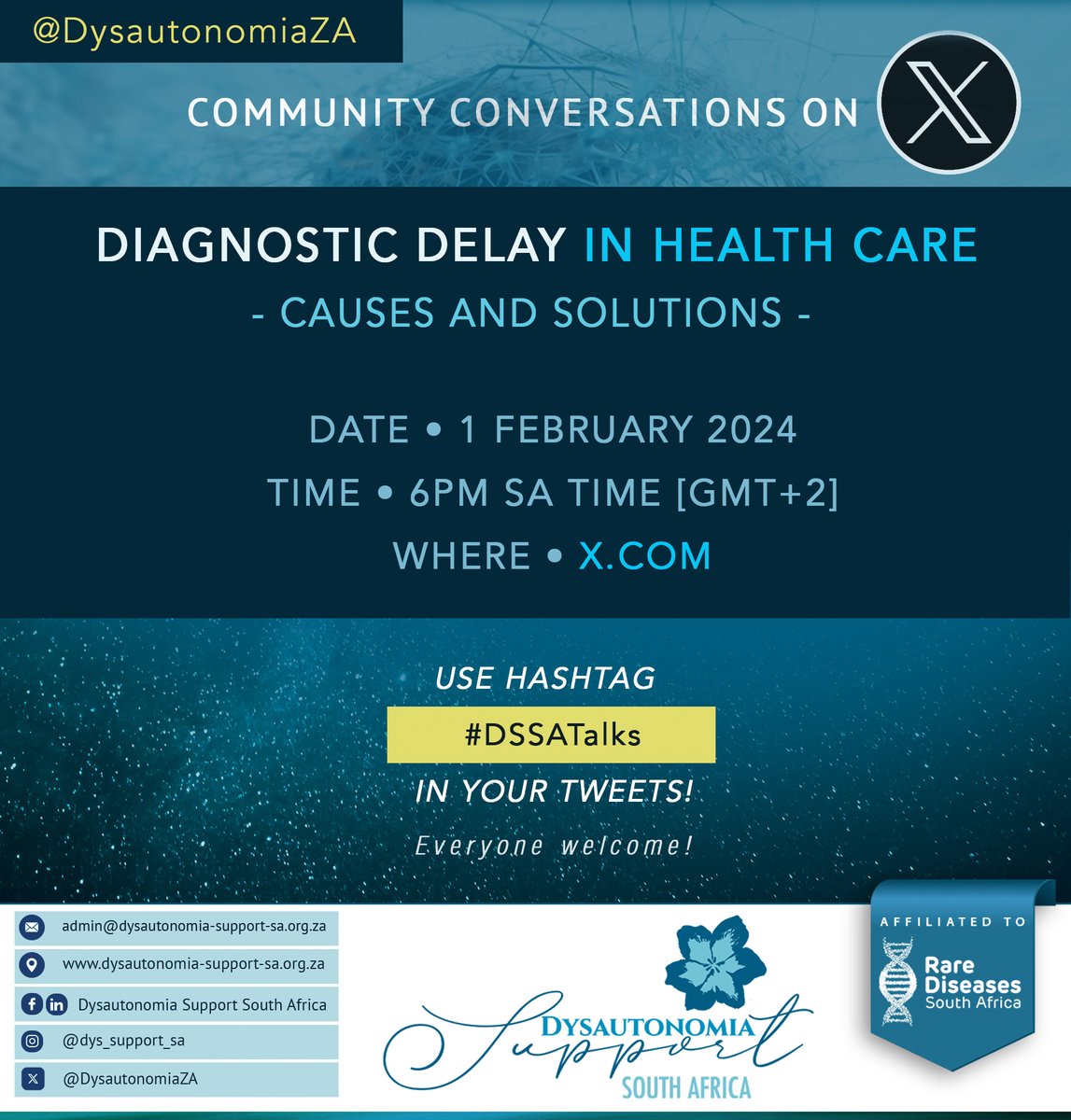 DysautonomiaZA's tweet photo. One day to go!  Join us for a community conversation here on X and have your say about Diagnostic Delay.
Full details here: https://t.co/sxMZ9ohoXM https://t.co/MFQD85DQhE