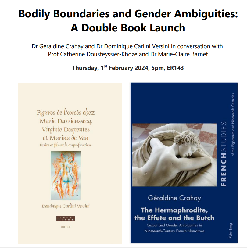 Géraldine Crahay and I are having a double book launch tomorrow at 5pm in @MLACdurham (ER143) and on Zoom! We will be in conversation with Marie-Claire Barnet and Catherine Dousteyssier-Khoze about gender, bodies and French fiction from the 19th century to the present 🤩