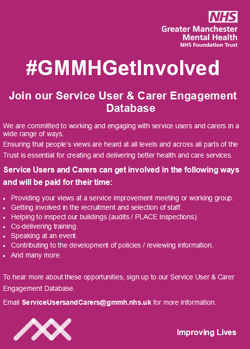 Join our Service User & Carer Engagement Database! Further details and how to get involved can be found in the following image and link: gmmh.nhs.uk/join-our-engag…