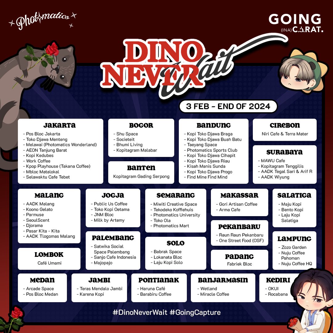 GoingCarat_INA's tweet photo. 【 ＤＩＮＯ　ＮＥＶＥＲ　ＷＡＩＴ】

Dino’s Birthday PHOTOBOOTH EVENT by @GoingCarat_INA x @photomaticsid 

📍Location Details

Don’t forget to share and post using the hashtags below!

#SEVENTEEN #DINO #DINONeverWait #GoingCapture https://t.co/VJbM2PQXSw