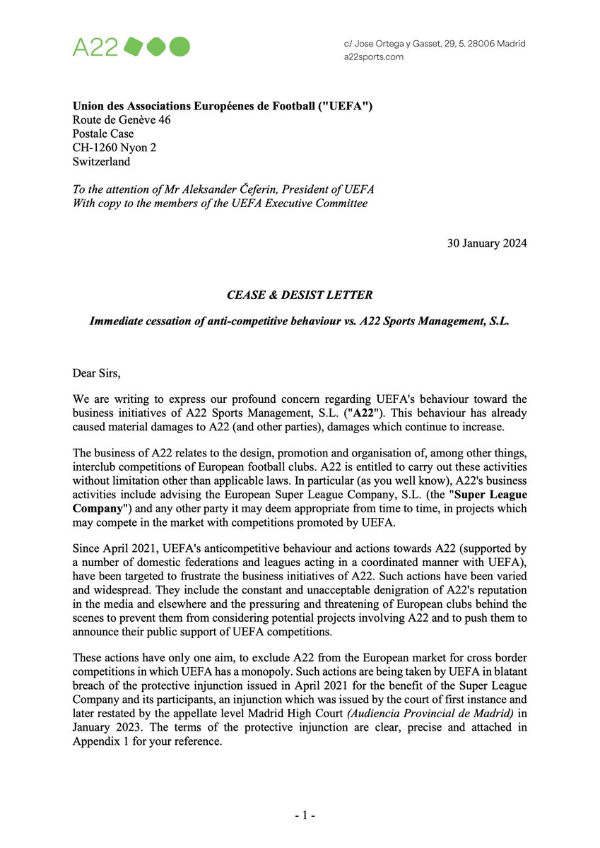 A22Sports's tweet photo. Il Presidente della UEFA ha parlato pubblicamente, dandone una descrizione errata, di una lettera, nella quale chiediamo a UEFA di adeguarsi alle normative europee e alle decisioni dei tribunali, cessando ogni attività che ostacoli le iniziative di A22. 
Dal momento che stiamo conducendo un dialogo pubblico sul futuro del calcio europeo, pubblichiamo qui la lettera in questione, con la quale intimiamo a UEFA di desistere e cessare ogni comportamento anti concorrenziale che miri ad escludere A22 dal mercato europeo delle competizioni transfrontaliere. #transparency